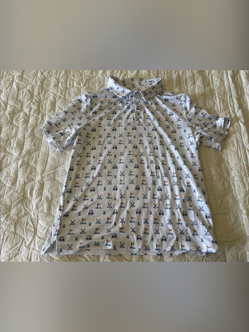 BURLEBO White Polo with Orange & Blue Golf Motif